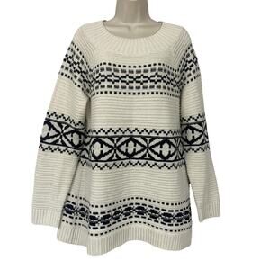 Chaps Sweater Womens XL Cream Navy Fair Isle Nordic Cabincore Chunky Boxy Cozy